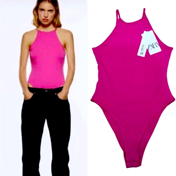 Zara Tops - NWT🌺Zara•Halter Neck Hot Pink Bodysuit